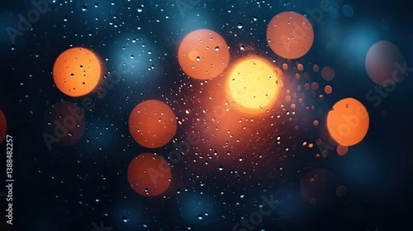 Fototapeta Illuminated city lights seen through a rain covered window pane