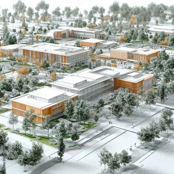 Fototapeta Architectural Campus Design: Modern University Complex with Lush Green Spaces