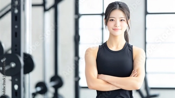 Obraz 日本人 アジア人 女性 美しい 筋肉 パーソナル トレーナー スマイル ジム バストショット 黒 灰色 白 背景