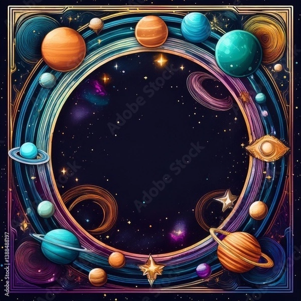 Fototapeta border frame of planets and stars background with copy space, science graphic resource