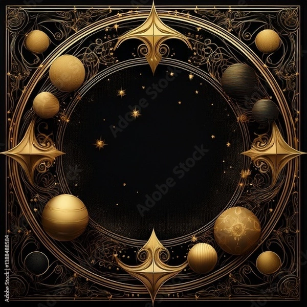 Fototapeta border frame of planets and stars background with copy space, science graphic resource