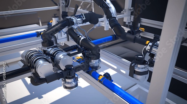 Fototapeta Mechanical arms constructing robotic arms for autonomous circuit board assembly in an electronics lab, robotic arms fitting soldering irons, conveyor belts