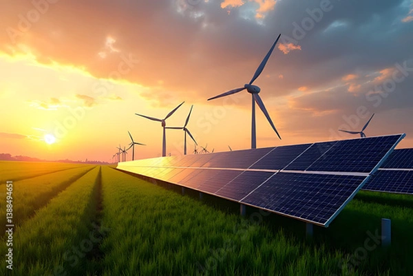 Fototapeta Harnessing renewable energy wind turbines and solar panels in a green landscape at sunset