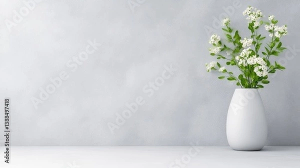 Fototapeta A white vase with delicate white flowers and green leaves on a minimalist white surface, soft focus background, and elegant and serene composition.