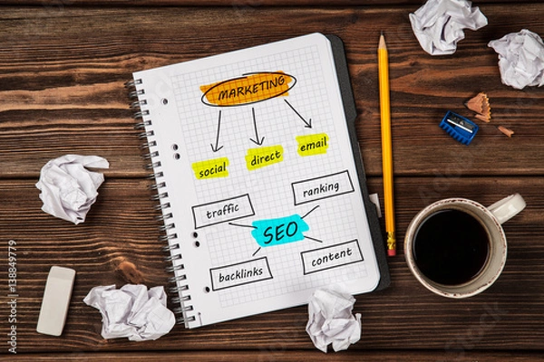 Fototapeta Open notepad with seo and marketing sketch