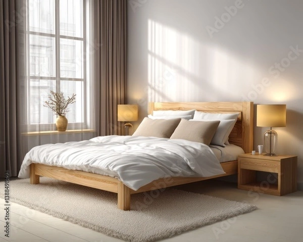 Fototapeta A tranquil bedroom featuring a light maple wood bed frame with soft white bedding