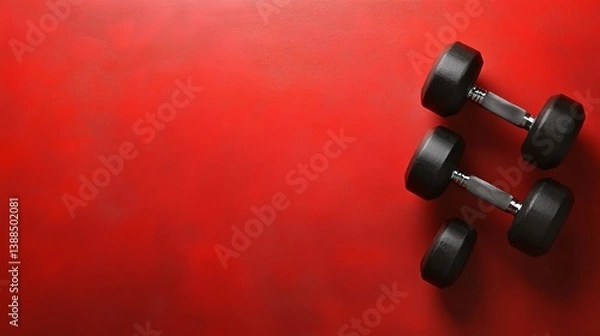 Fototapeta Dumbbells on red background, flat lay. Space for text