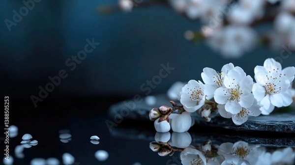 Obraz Delicate spring blossoms on dark stone, serene reflection