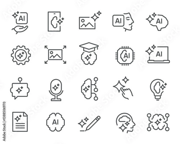 Fototapeta AI Vision- Linear Intelligence Icons Pack" This set offers a variety of linear icons that depict artificial intelligence concepts, from neural networks to data processing, ideal for interface design a