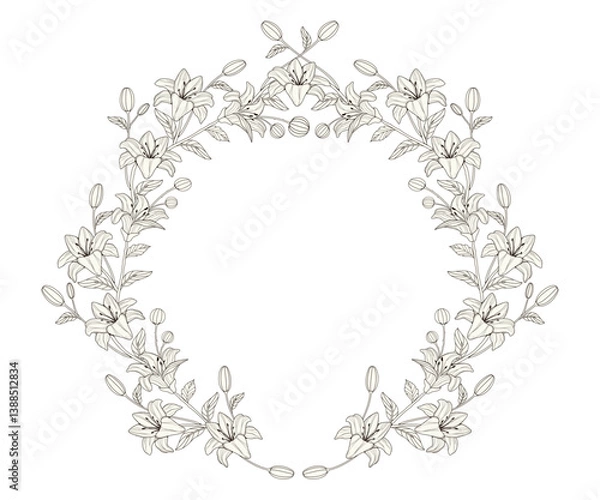 Obraz Circle frame with flowers. Hand drawn silhouette of botanical leaves. Decorations for wedding card.Tattoo outline. Branches. Line art. Wreaths. Clip art vector. Elements and borders. Isolated. Luxury