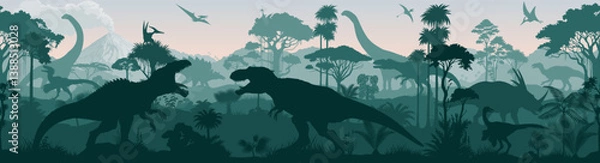 Fototapeta Seamless vector tropical forest with Giganotosaurus, Stegosaurus, Tyrannosaurus, Gallimimus, Neovenator, styracosaurus, iguanodon, pyroraptor, Patagotitan, Brachiosaurus and pterodactyl