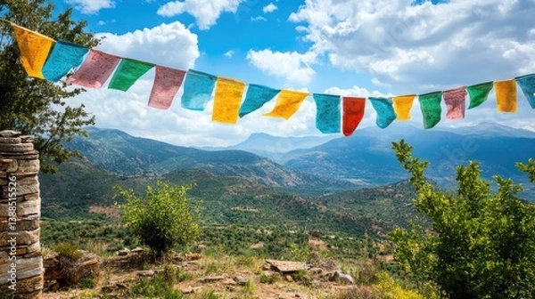Obraz Decorative prayer flags draped across a mountaintop temple, spiritual scenery and open background