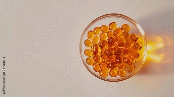 Fototapeta Top-down shot of transparent bowl filled with omega-3 capsules, glowing amber tones, placed on a clean white background, minimalistic look