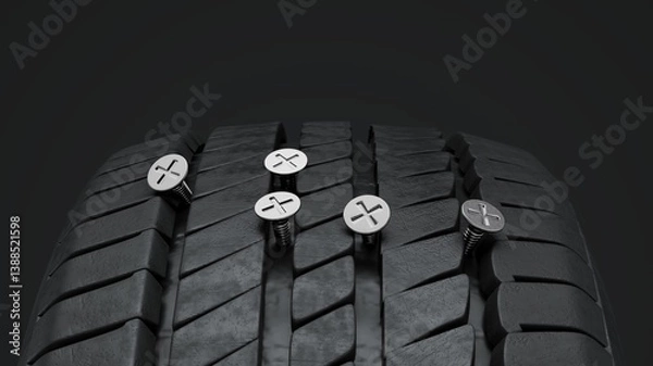 Obraz 3D Render of a nail or screw lodged in a car tire. Ideal for concepts related to safety, maintenance, or roadside emergencies.	