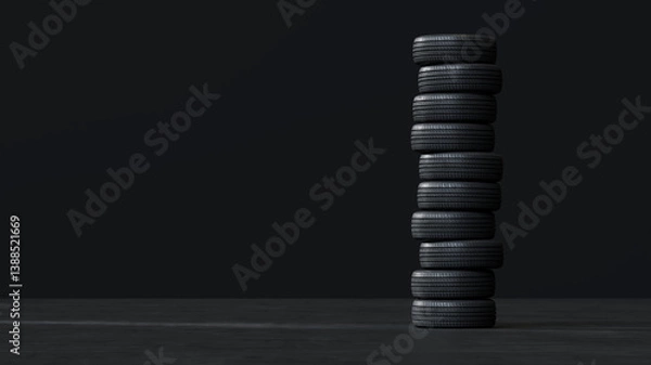 Obraz Close-up 3D Render of stacked car tires arranged in layers. Ideal for automotive industry, tire storage, or service center visuals.