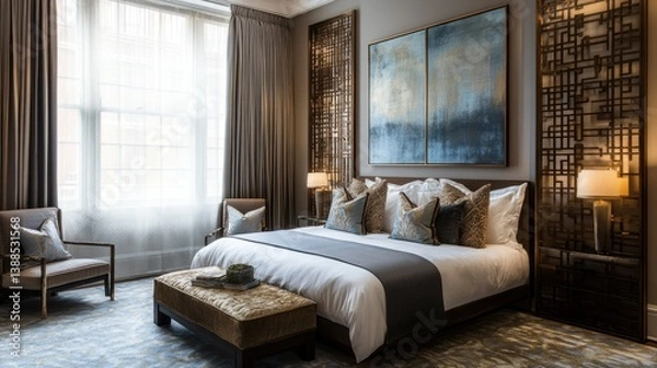 Fototapeta Luxurious Master Bedroom Interior Design: Sophisticated Decor and Tranquil Ambiance