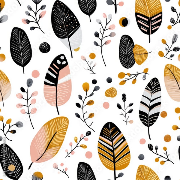 Fototapeta Seamless pattern featuring vibrant leaves and delicate branches in black, pink, and gold tones, creating lively atmosphere