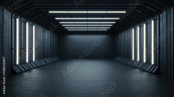 Fototapeta A futuristic, minimalistic interior space with sleek walls and bright, linear lighting, creating a sterile and modern atmosphere.