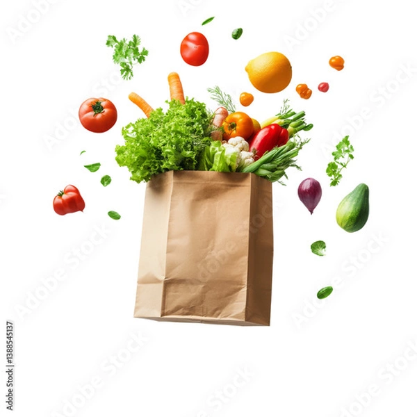 Fototapeta A paper bag overflowing with fresh vegetables and greens, symbolizing healthy eating.