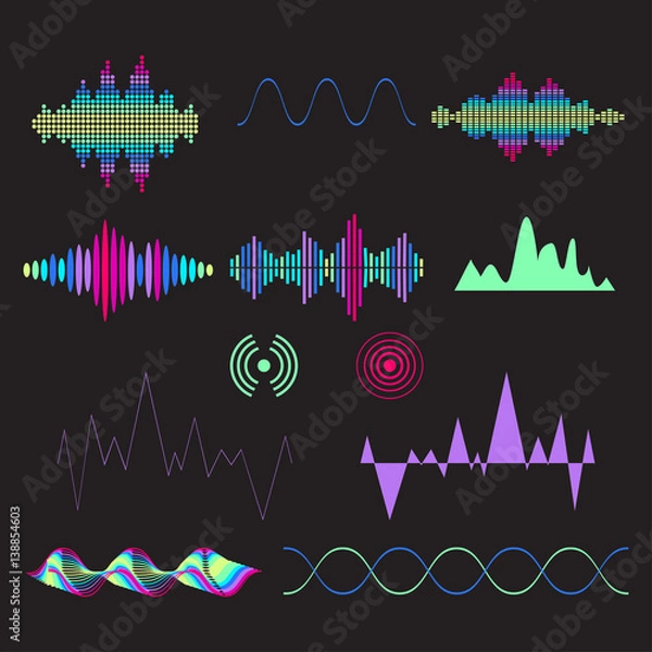 Fototapeta Sound waves set. Audio technology, musical pulse. Vector illustration.