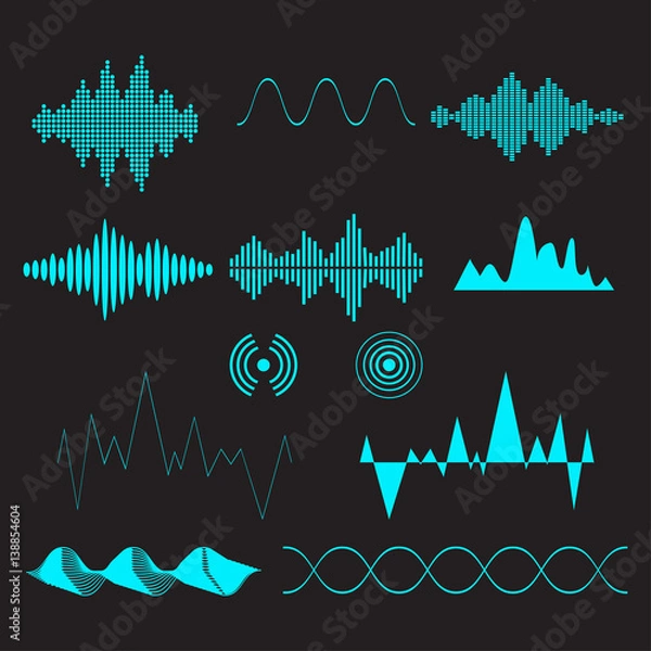 Fototapeta Sound waves set. Audio technology, musical pulse. Vector illustration.