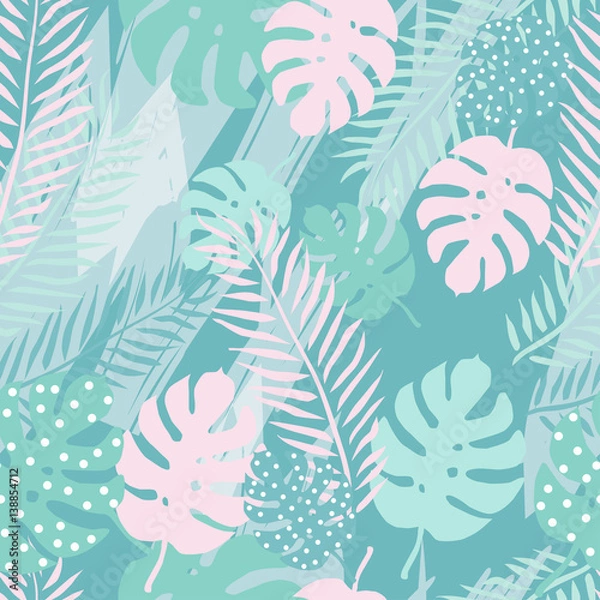Fototapeta Tropical summer seamless pattern with  palm leaves. Vector illustration.