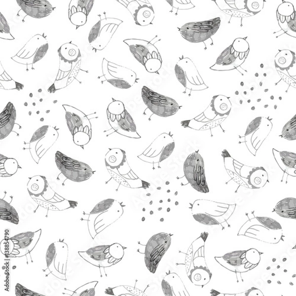 Obraz Spring birds hand drawn seamless vector pattern. Pencil drawn texture