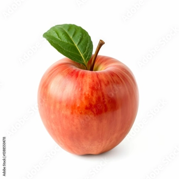 Fototapeta Red apple, glossy skin, vibrant color, green leaf, fresh produce, studio lighting, white background, photorealistic, high detail, macro photography, single fruit, crisp texture, healthy food