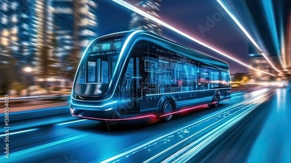 Fototapeta Futuristic electric bus in urban setting nighttime high-tech transport concept