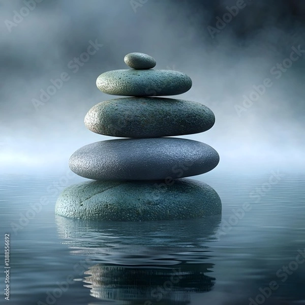 Fototapeta Serene Stacked Stones in Misty Water: Zen Rock Balancing Image