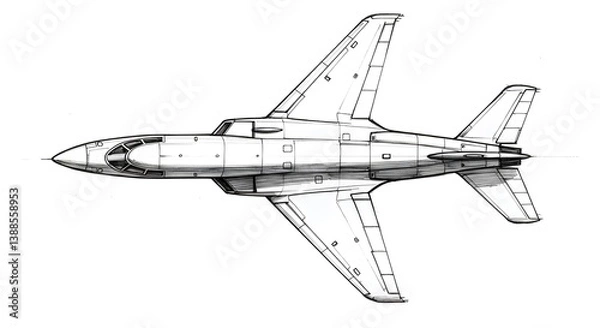 Fototapeta Detailed Aircraft Sketch of Jet Plane with Fine Lines Art Style