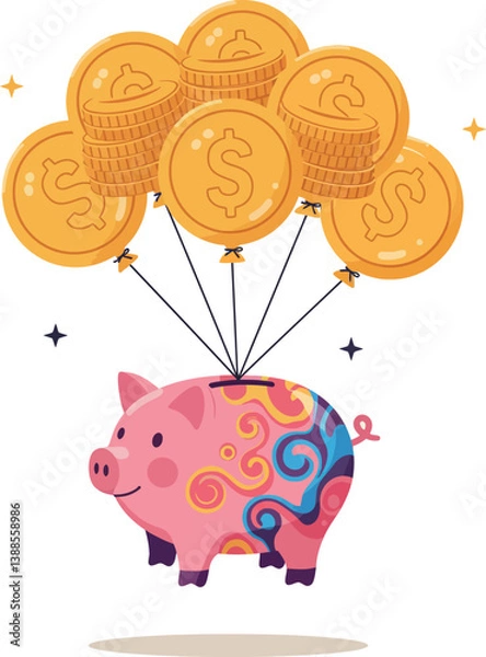 Fototapeta Colorful piggy bank floating with golden coins balloons in a cheerful flat vector illustration