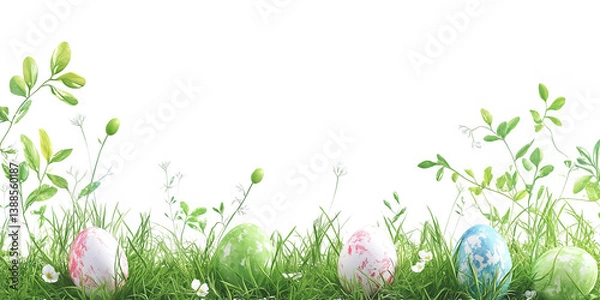Fototapeta Colorful Eggs in Grass with Flowers . PNG Cutout and Copy Space