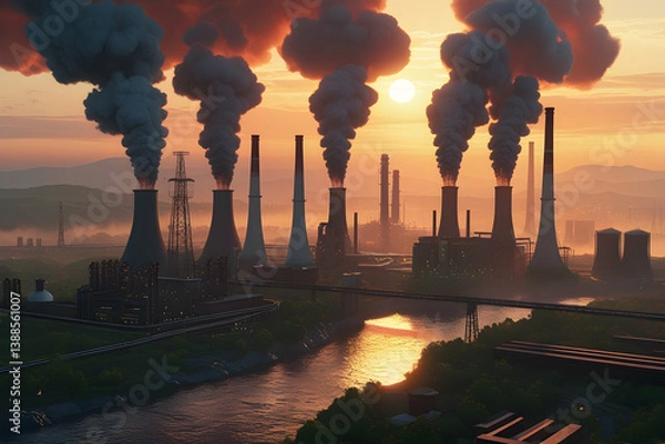 Fototapeta Environmental pollution, hazardous and harmful waste, toxic fumes, soil,Environmental pollution from the plant,Factory Smoke and Industrial Emissions,ndustrial complex at sunset emitting heavy smoke .