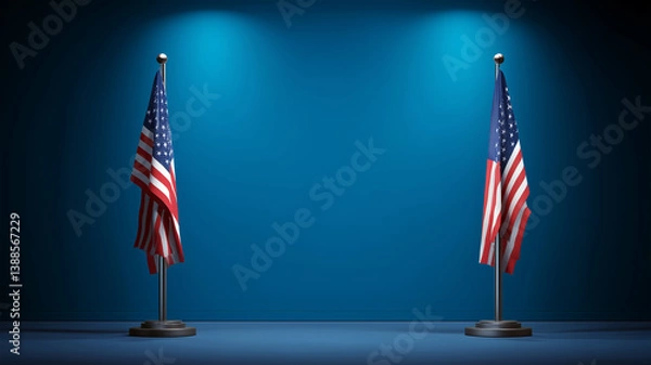 Fototapeta Two American flags on stands against solid blue background with spotlights creating shadows, empty space between flags