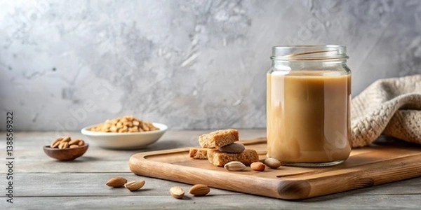 Fototapeta Delicious nutty beverage in a glass jar with crunchy snacks on a wooden board