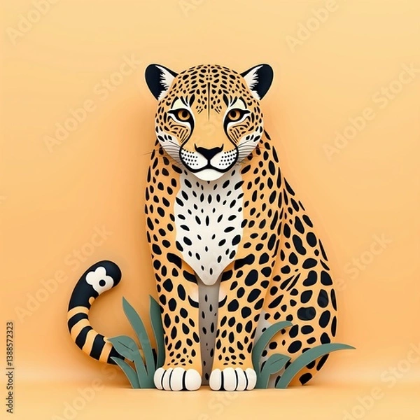 Fototapeta Stylized leopard artwork against a bright orange background with plants, digital illustration of character design concept.