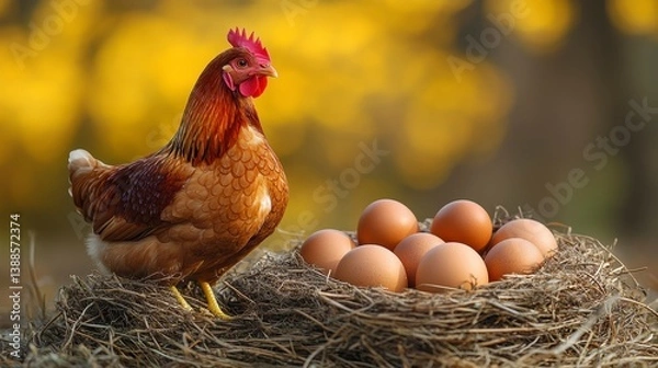 Fototapeta Brown hen beside nest filled with eggs against a bright, blurred background