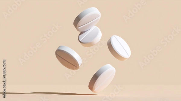 Fototapeta Five white round tablets arranged in floating pattern against soft beige background with subtle shadows under studio lighting