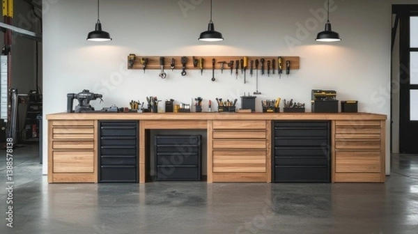 Fototapeta Modern Garage Workspace with Organized Tools and Clean Design for Efficient Functionality