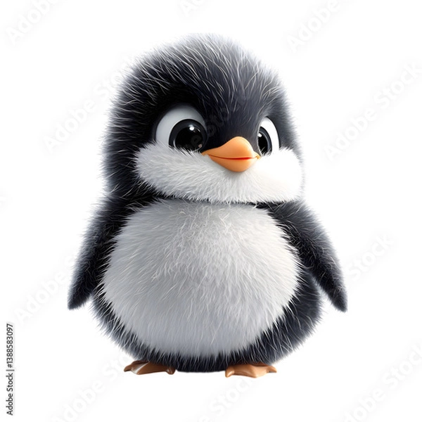 Fototapeta Fluffy 3D Cartoon Penguin Chick with Soft Downy Feat Isolated on Transparent Background