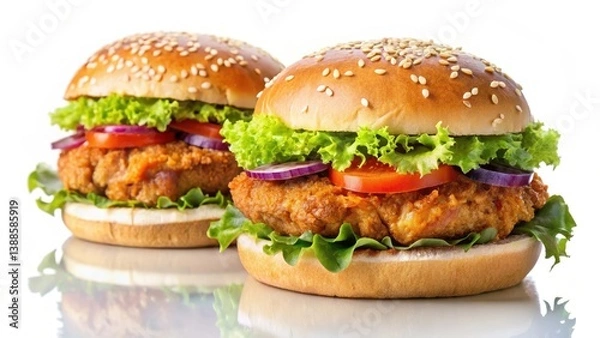 Fototapeta Two juicy chicken burgers with crispy buns on a clean white background , lunch option