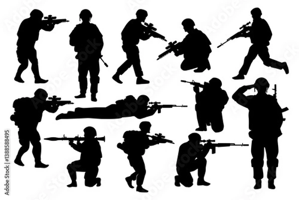 Obraz Set of male soldier silhouettes. Black and white Vector Illustration