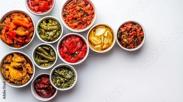 Fototapeta vibrant flat lay of assorted Indian pickles in bowls on white background, showcasing variety of colors and textures. arrangement highlights diversity and richness of Indian cuisine