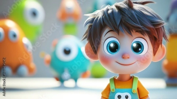 Fototapeta Adorable Boy with Playful Monsters: A 3D Rendered Animation