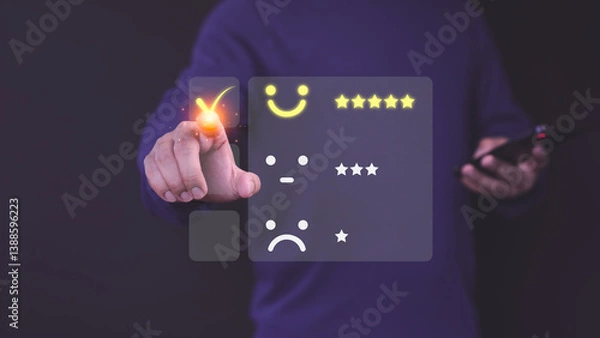 Obraz Man select a happy face icon on a feedback with neutral and sad face options below. Concept of customer satisfaction, testimonial, online reviews, decision-making in user experience evaluation.