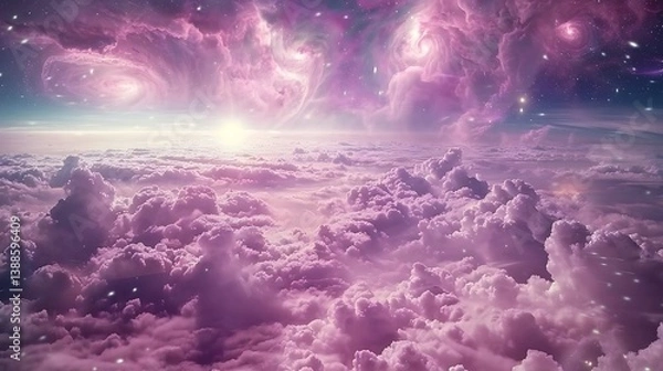 Fototapeta Beautiful celestial landscape featuring swirling clouds and glowing celestial phenomena
