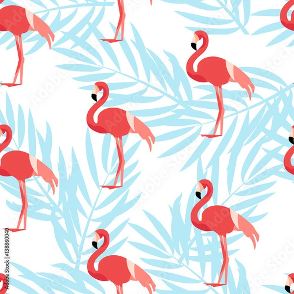 Obraz Seamless pattern with flamingo and palm branches. Ornament for textile and wrapping. Vector background.