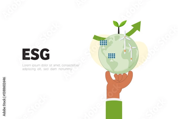 Fototapeta Hand holding Earth globe with solar panel and Wind turbine. Green Energy, ESG concept. Sustainable ecology and environment conservation concept design. Vector illustration.