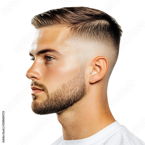 Fototapeta A Man with a Clean High and Tight Haircut and Beard Isolated on Transparent Background